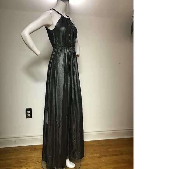 Le Chateau Black Silver Metallic Shimmer Maxi Gala Dress Gown Wedding NWT - Picture 1 of 8